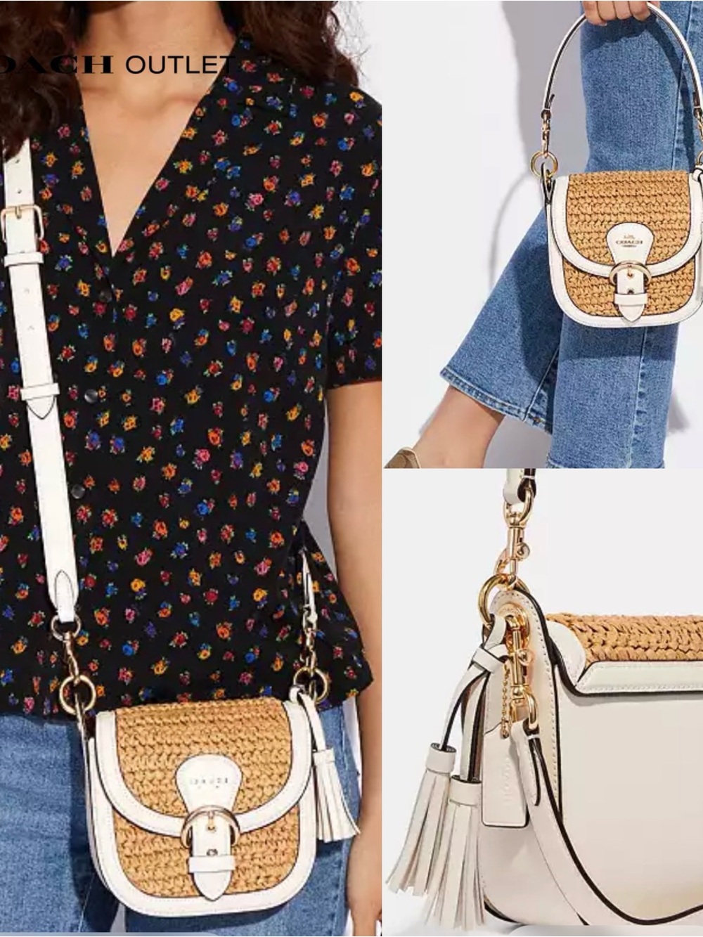 Coach Natural Straw and Chalk Leather Saddle Crossbody - Picture 3 of 4